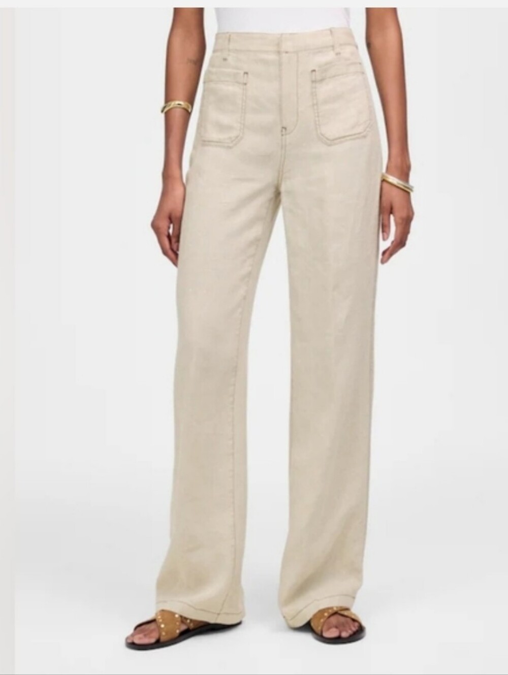 Madewell Patch Pocket Flare Oat Tan Summer Coastal Linen Wide Leg Pants Size 10